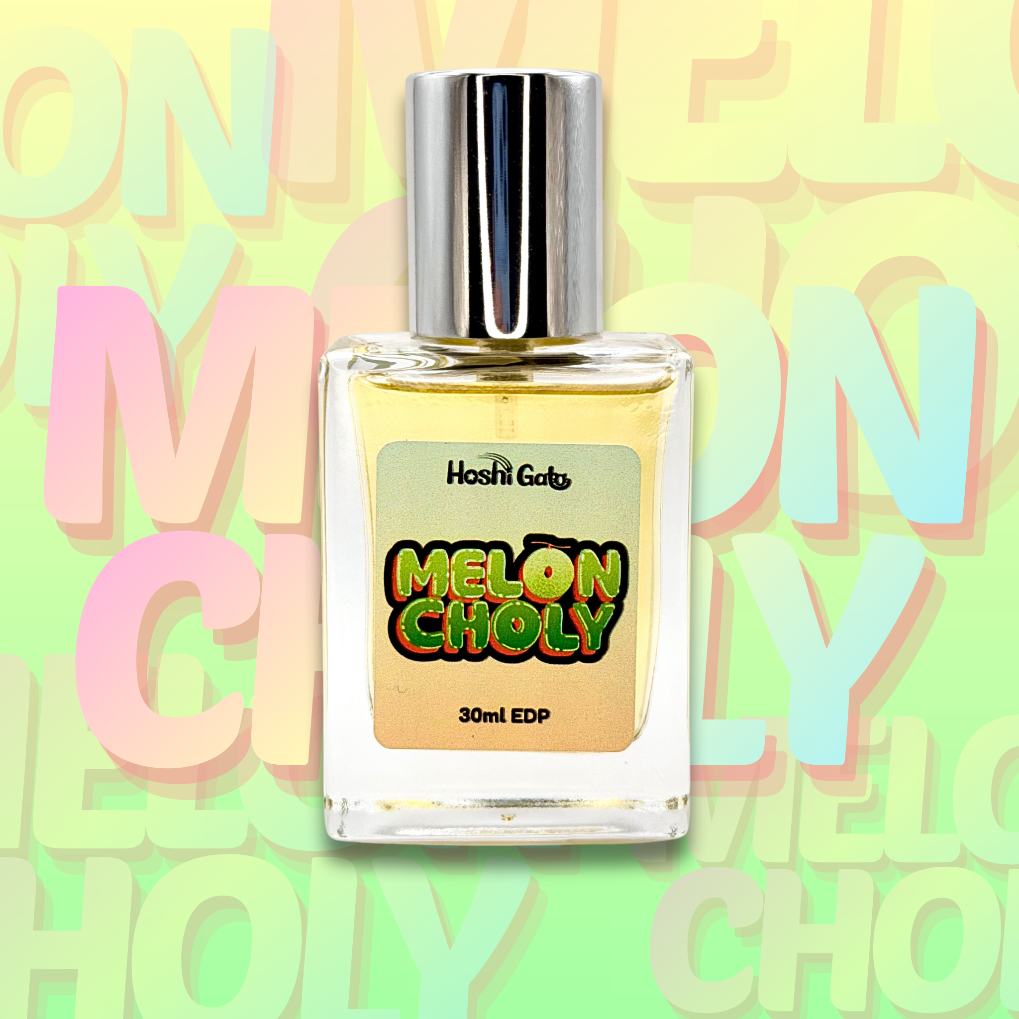 Bottle of Meloncholy on a green gradient background and layered text.